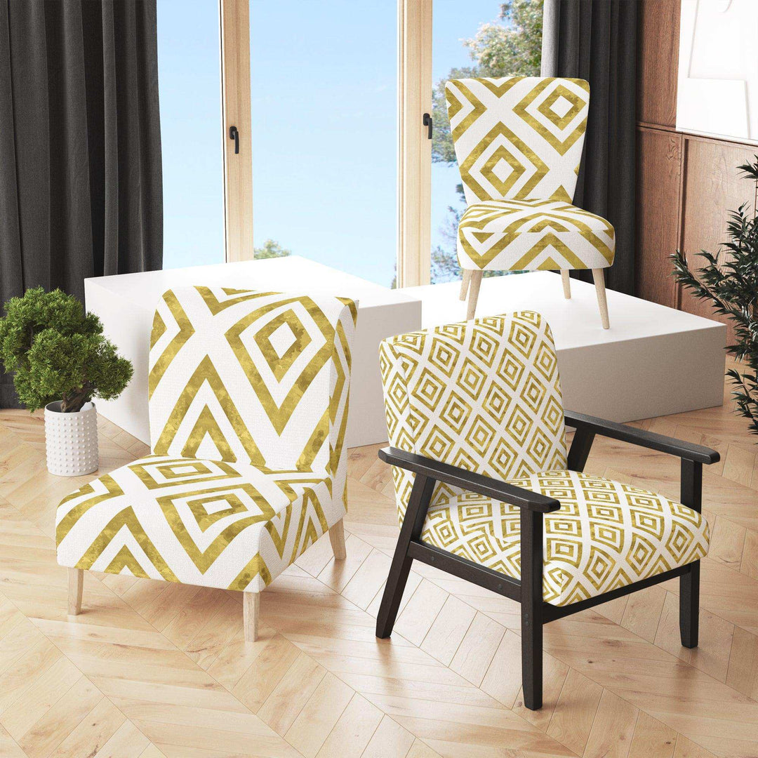 White and Gold Pattern Mid-Century Accent Chair