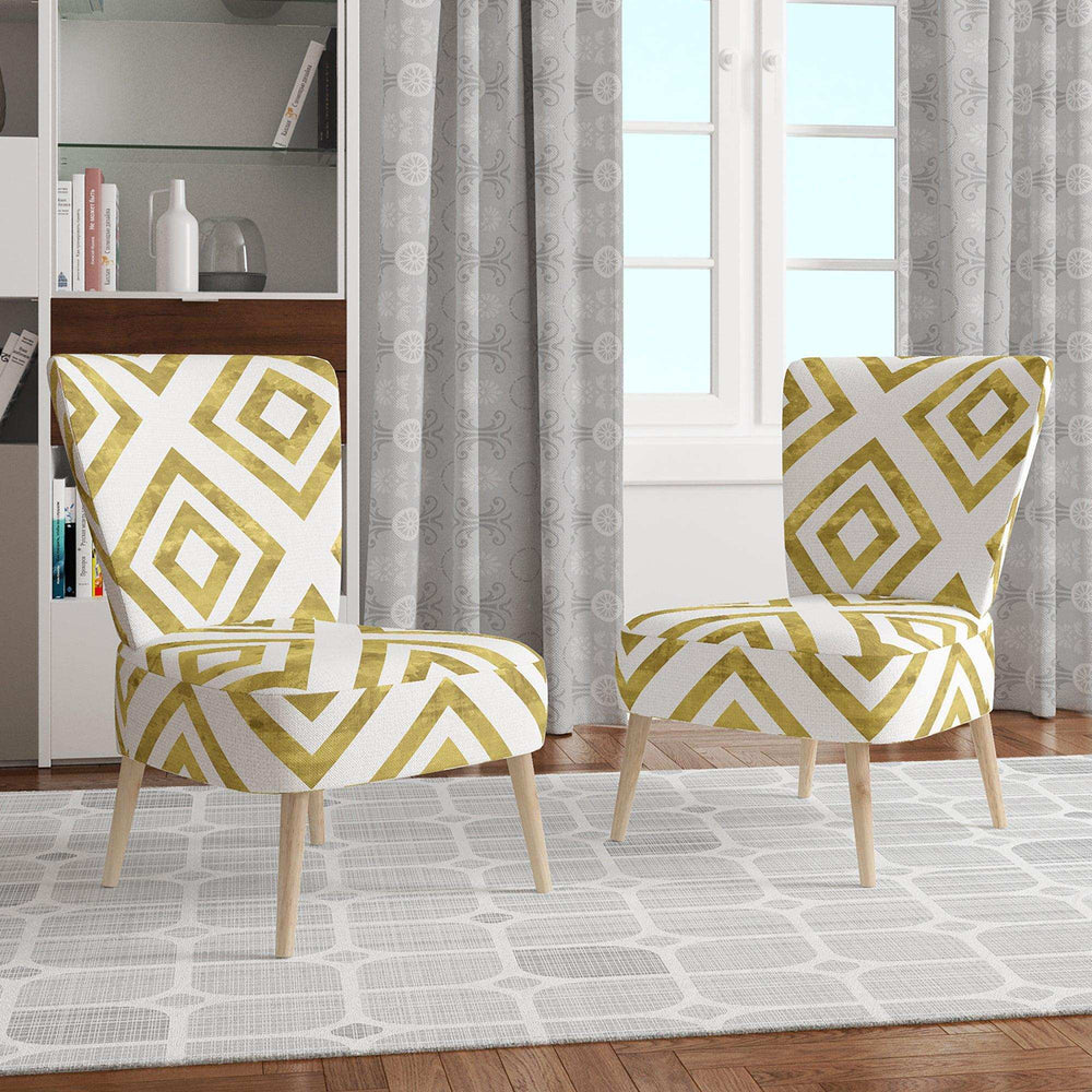 White and Gold Pattern Mid-Century Accent Chair
