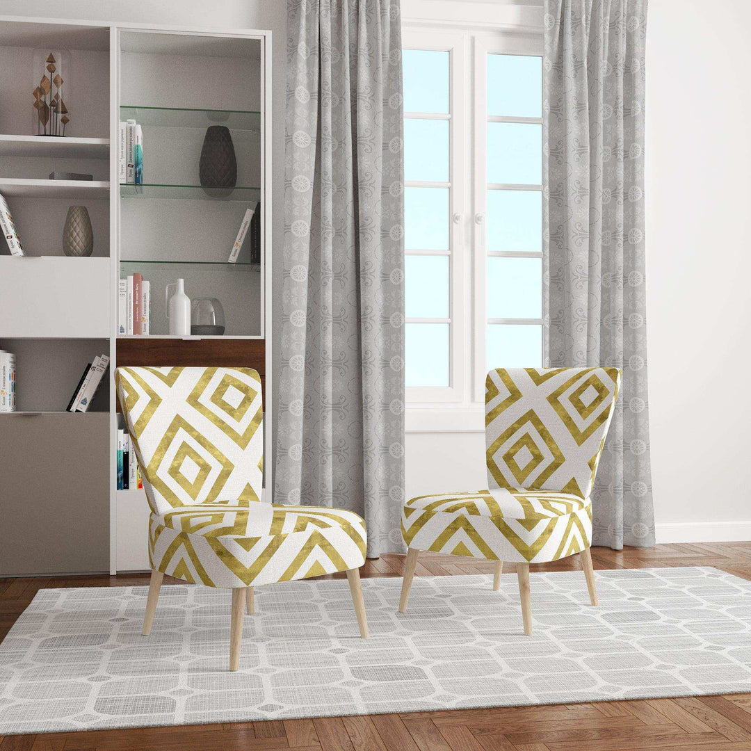 White and Gold Pattern Mid-Century Accent Chair
