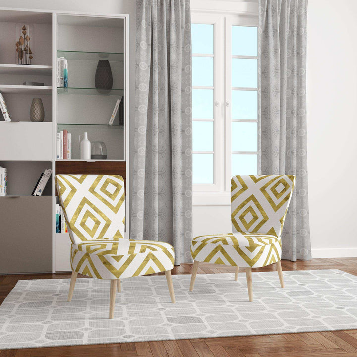 White and Gold Pattern Mid-Century Accent Chair