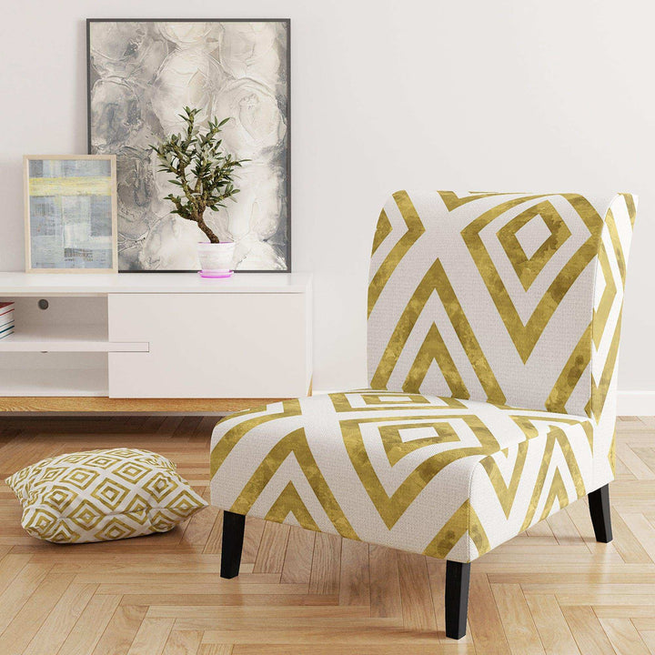 White and Gold Pattern Mid-Century Accent Chair