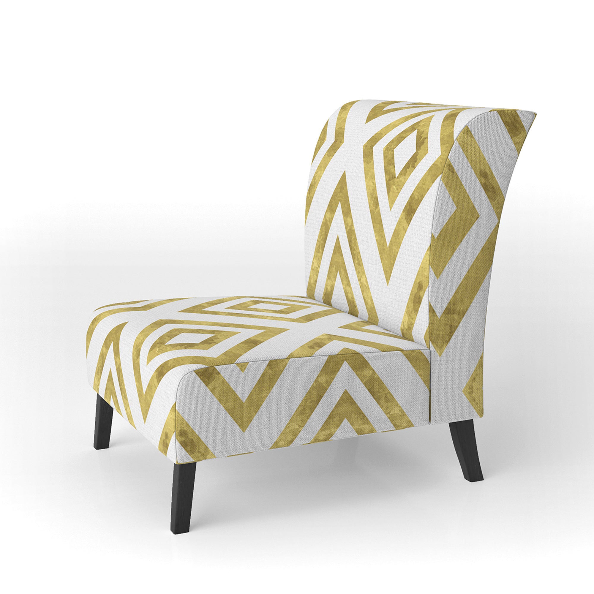 White and Gold Pattern Mid-Century Accent Chair
