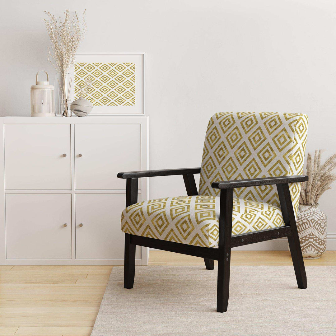 White and Gold Pattern Mid-Century Accent Chair