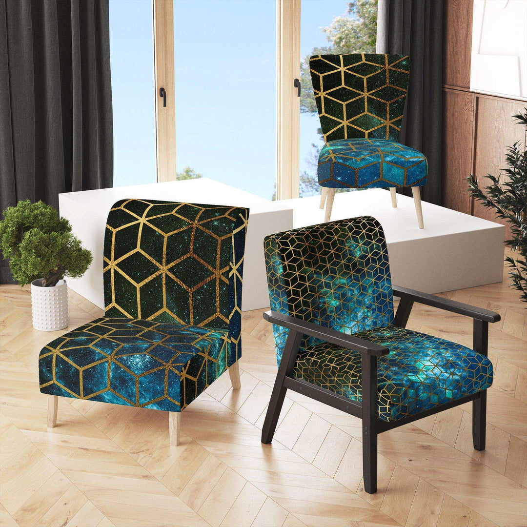 Yellow Cubes over Blue Cosmic Background Modern Accent Chair
