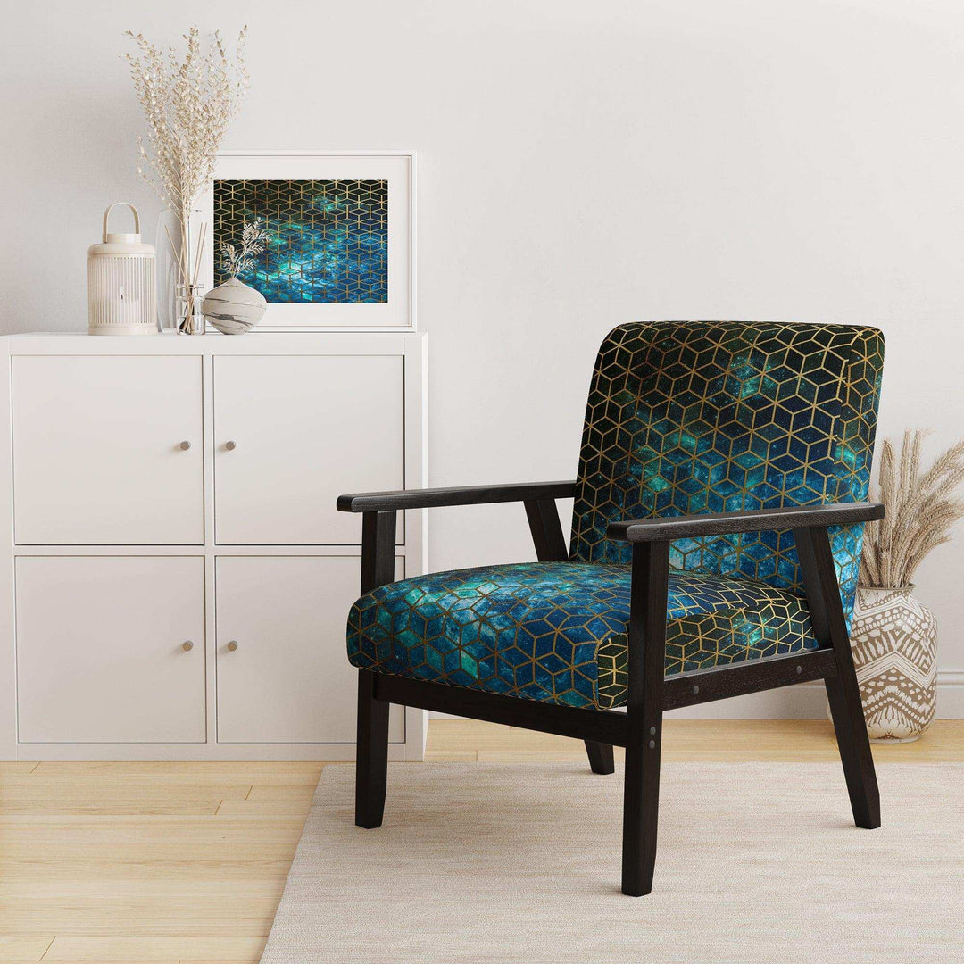 Yellow Cubes over Blue Cosmic Background Modern Accent Chair