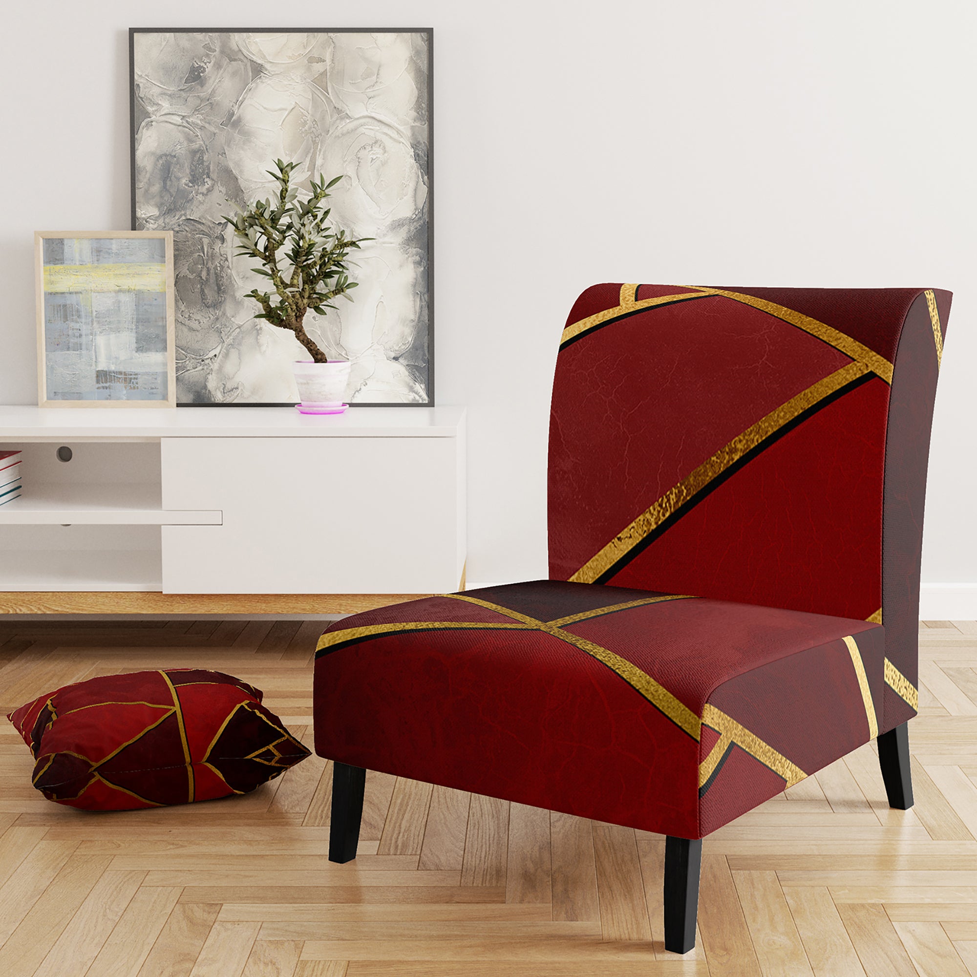 Yellow Triangulars over Shades of Red Modern Accent Chair