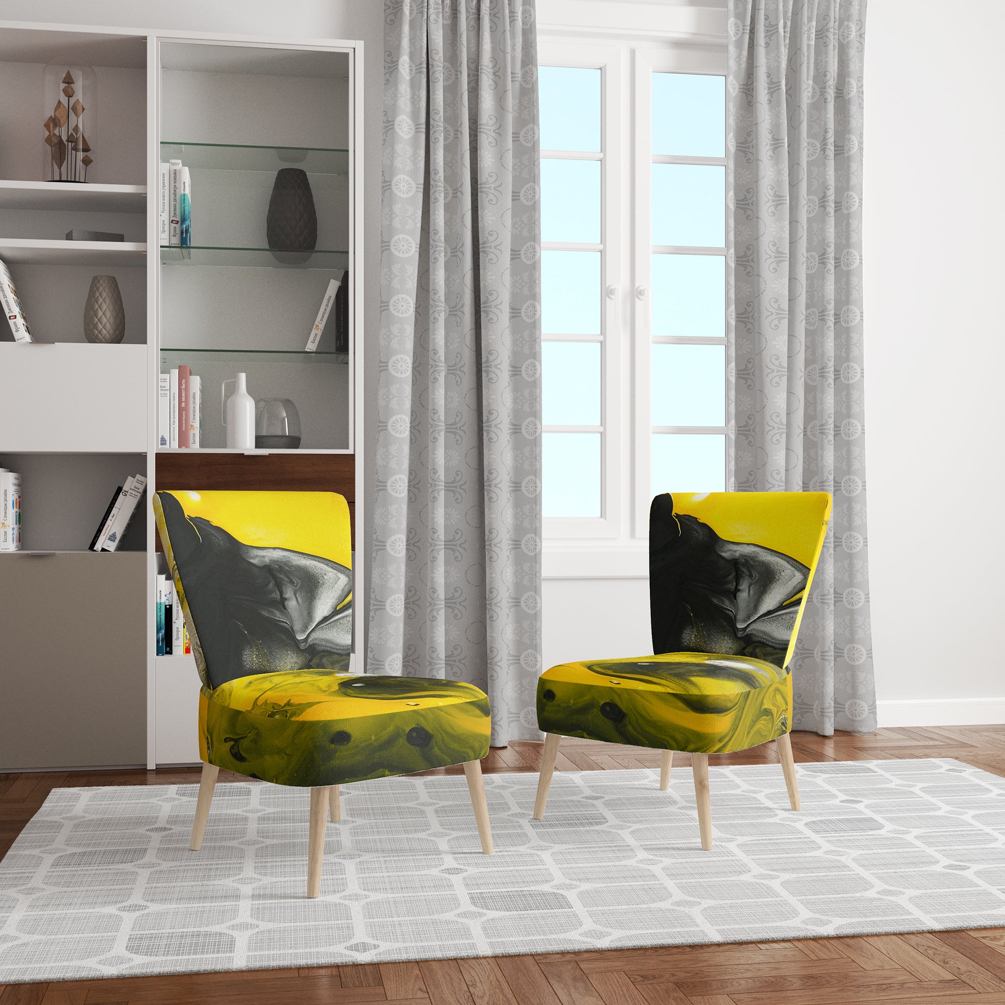 Yellow, White and Black Marbled Acrylic Modern Accent Chair