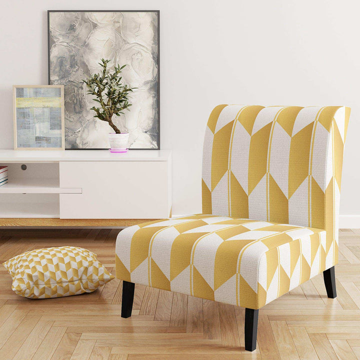Gold And White Geometric Pattern I Mid-Century Accent Chair