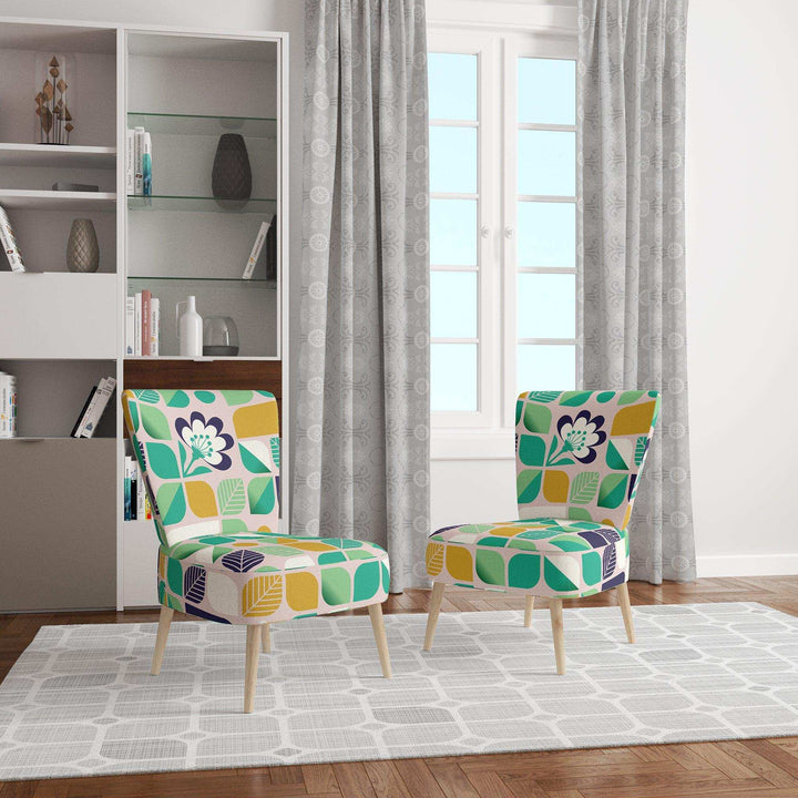 geometric pattern with leaves and flowers Mid-Century Accent Chair
