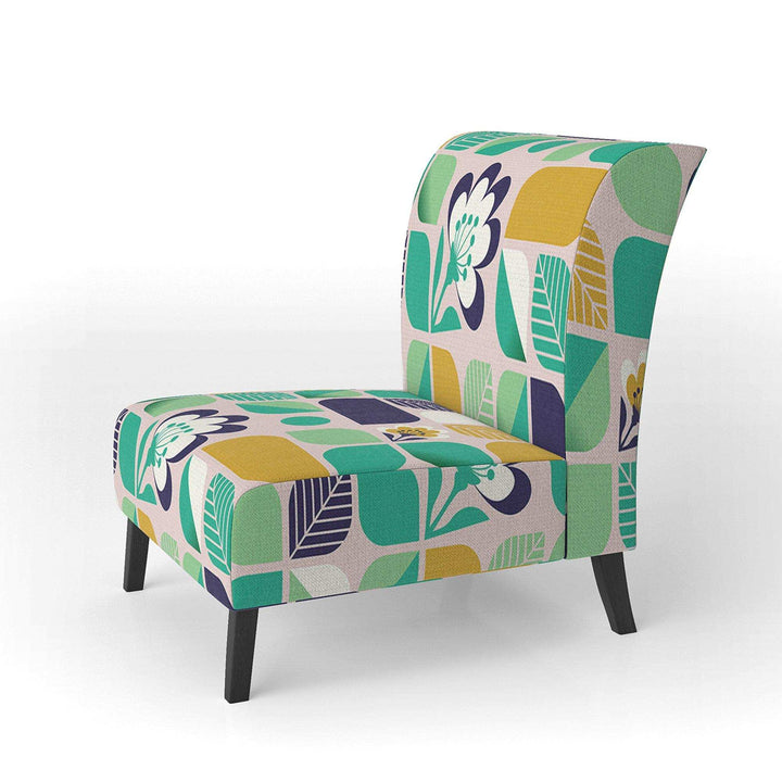 geometric pattern with leaves and flowers Mid-Century Accent Chair