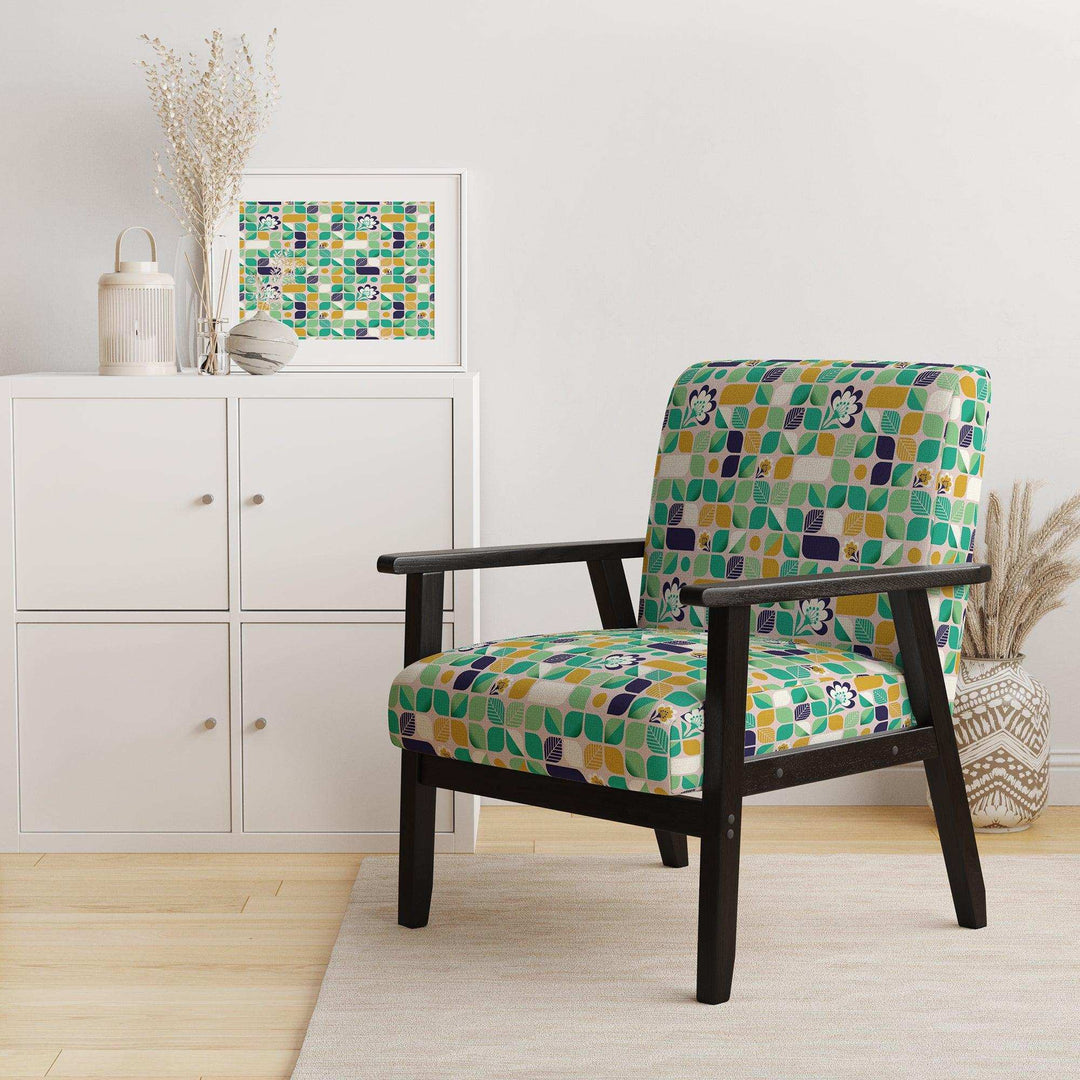 geometric pattern with leaves and flowers Mid-Century Accent Chair