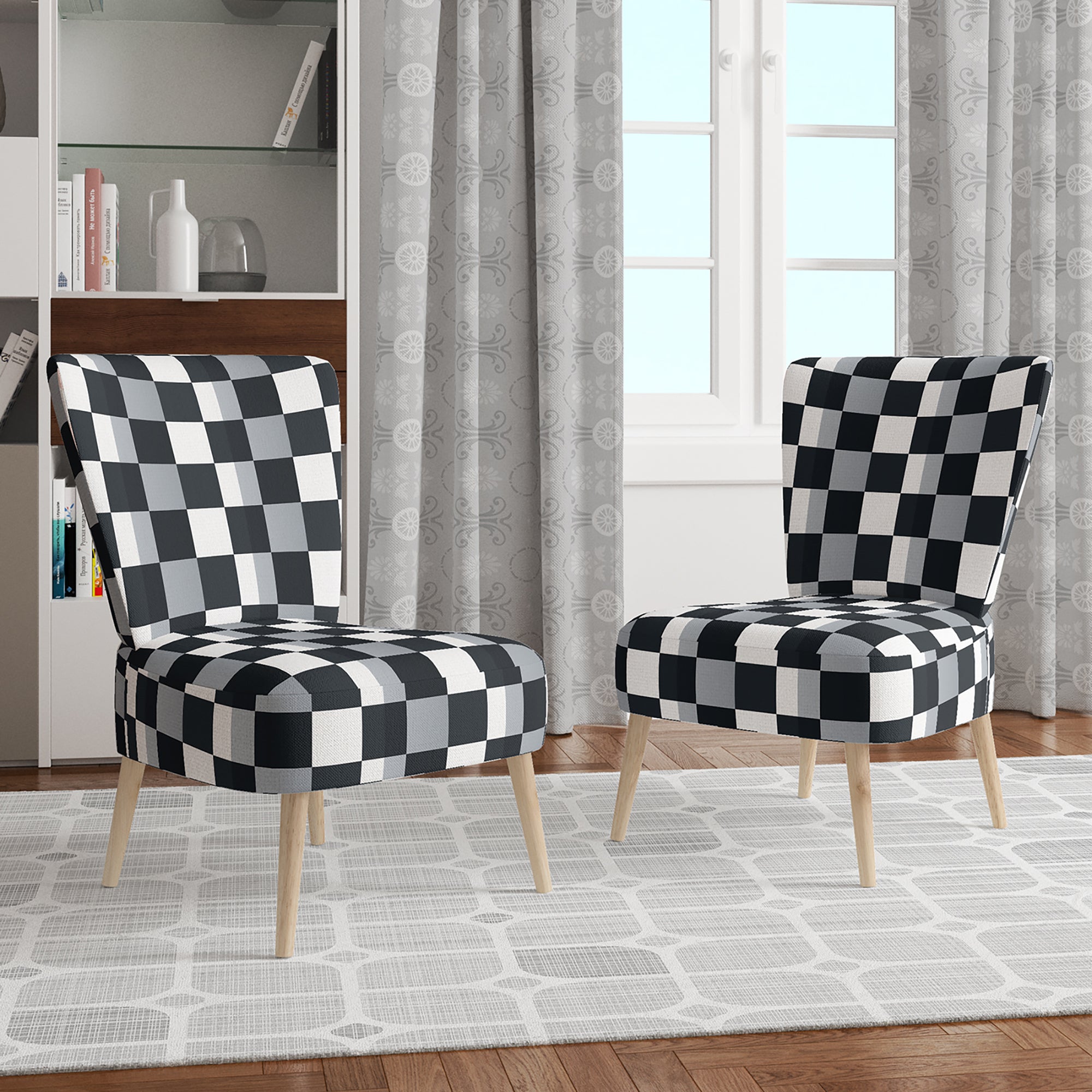 Geometric Monochrome Pattern I Mid-Century Accent Chair