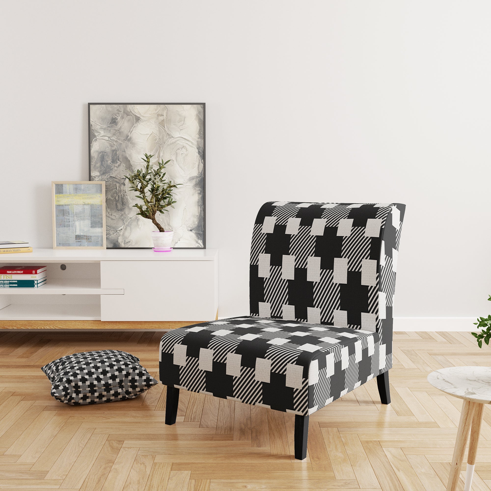 Geometric Monochrome Pattern II Mid-Century Accent Chair