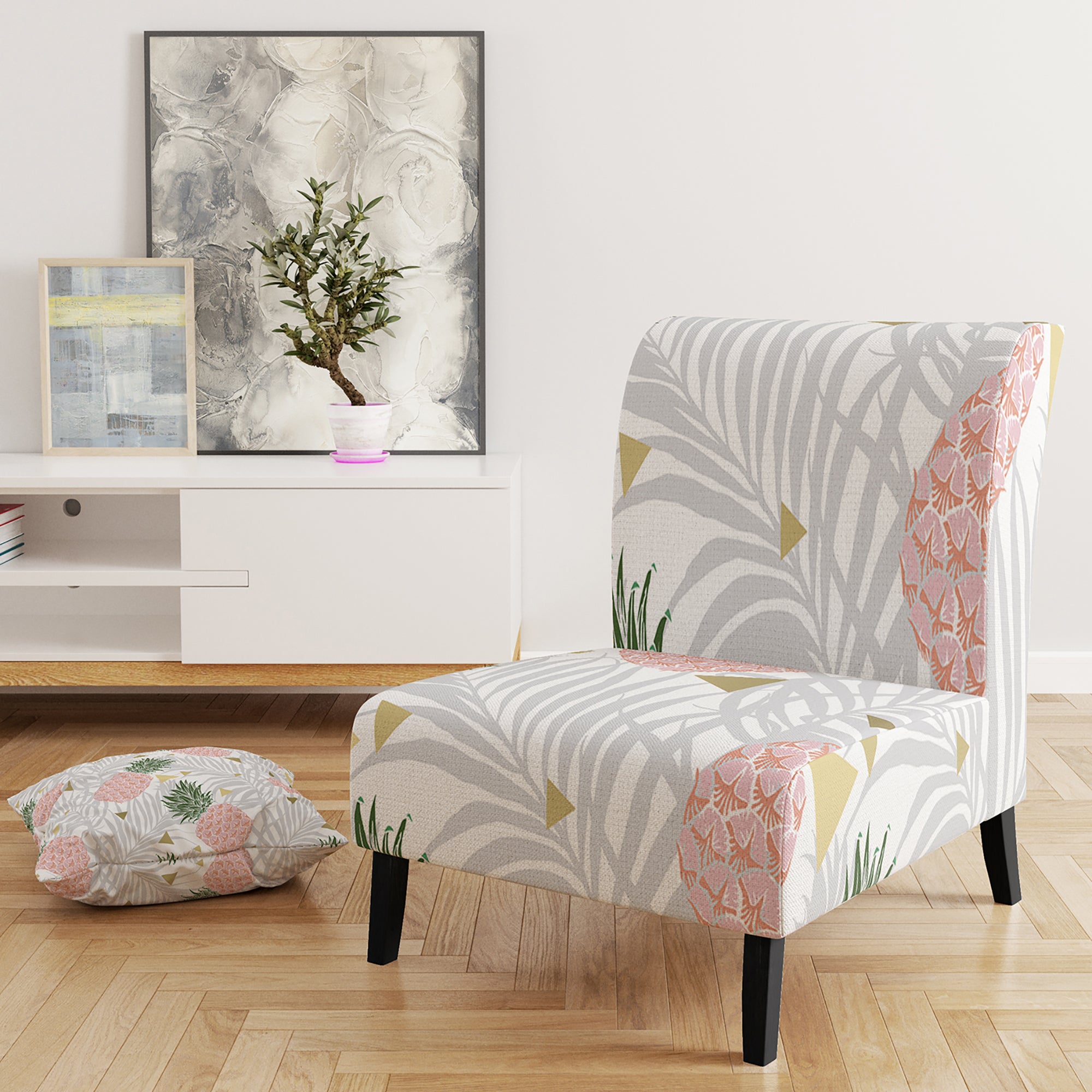 Pineappple On Tropical Leaves Mid-Century Accent Chair