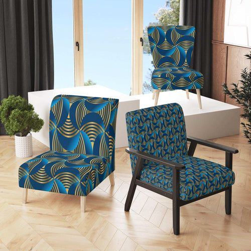 Geometric Abstract Waves In Gold And Marine Blue - Modern & Contemporary Accent Chair