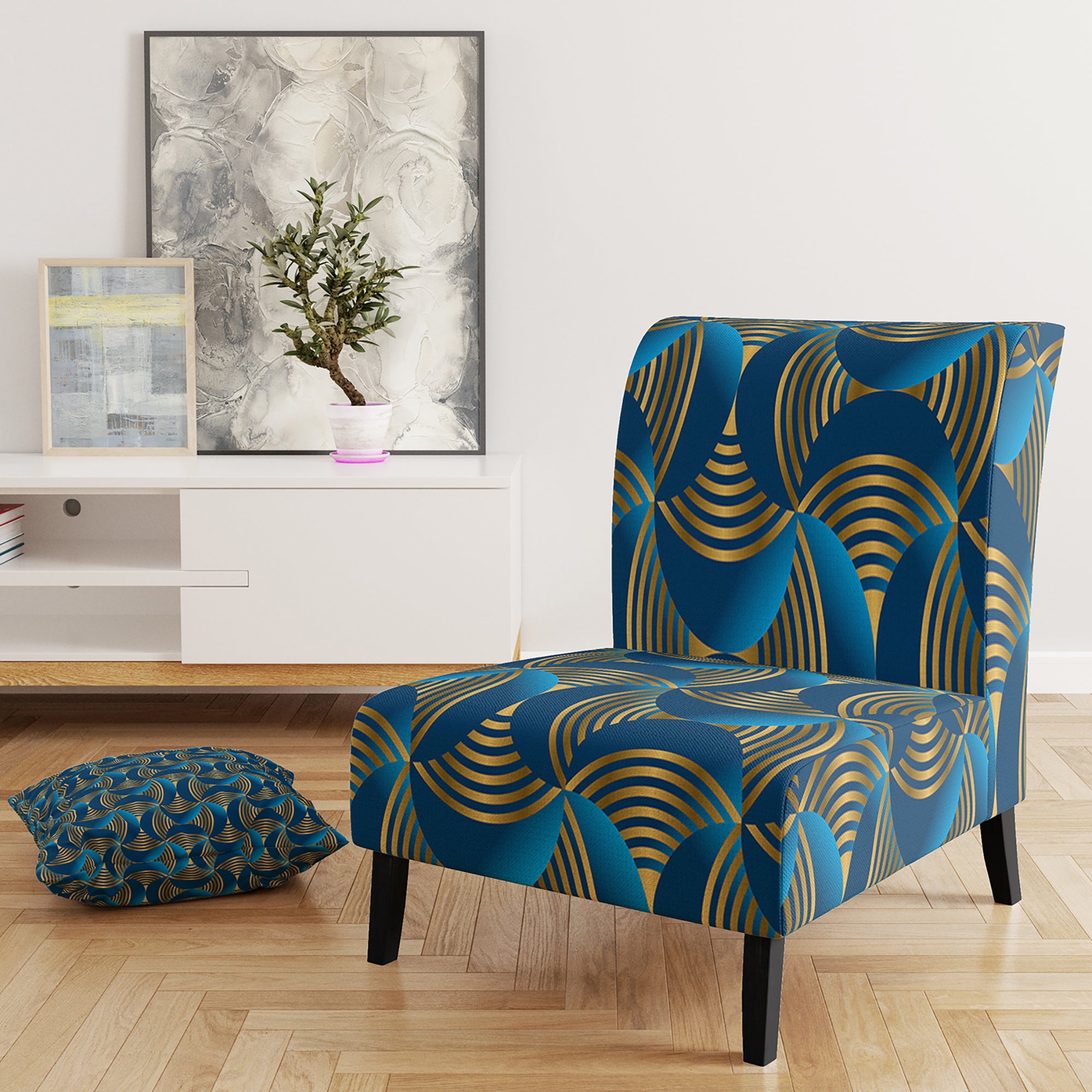Geometric abstract waves in gold and marine blue Mid-Century Accent Chair