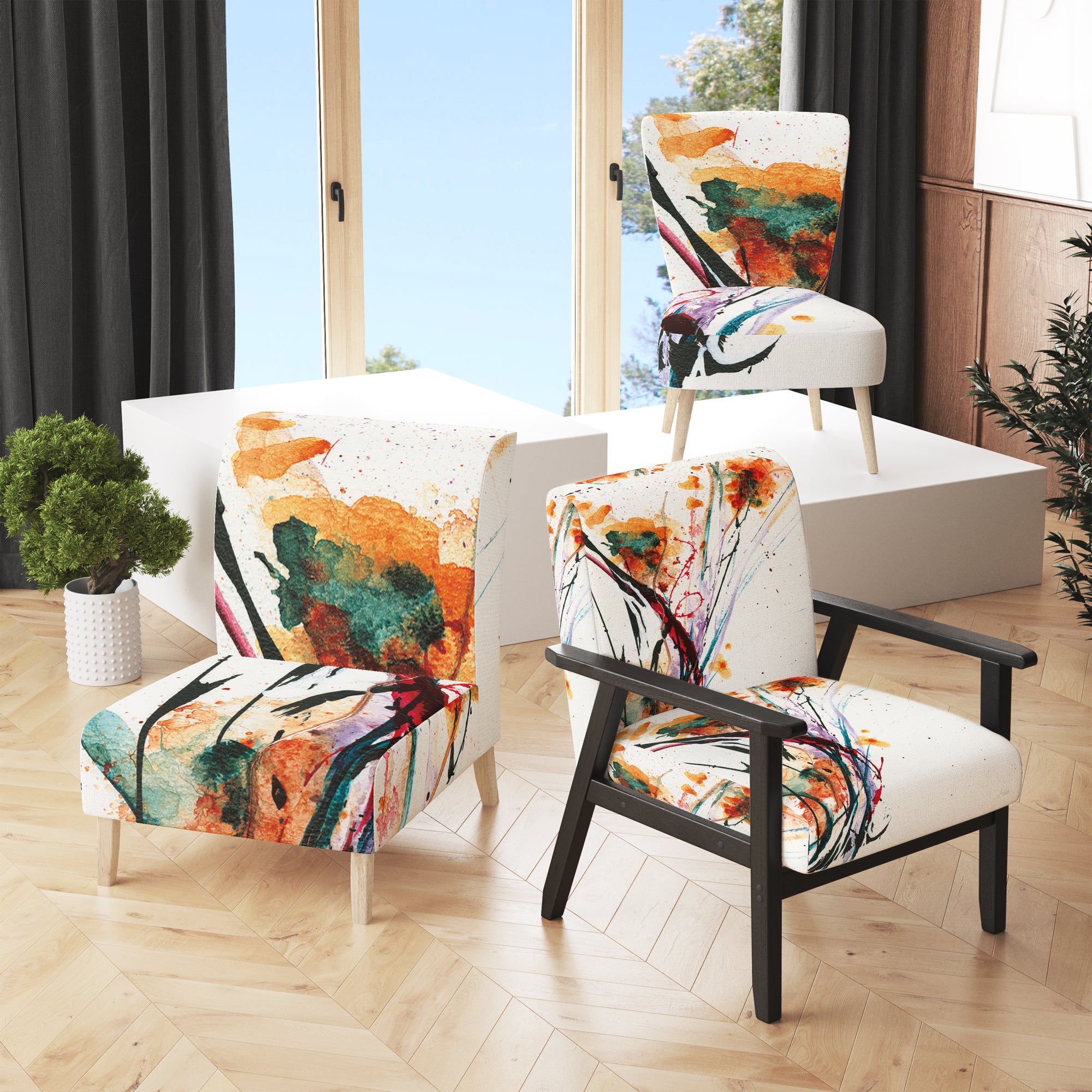 Abstract Orange Flowers Traditional Accent Chair