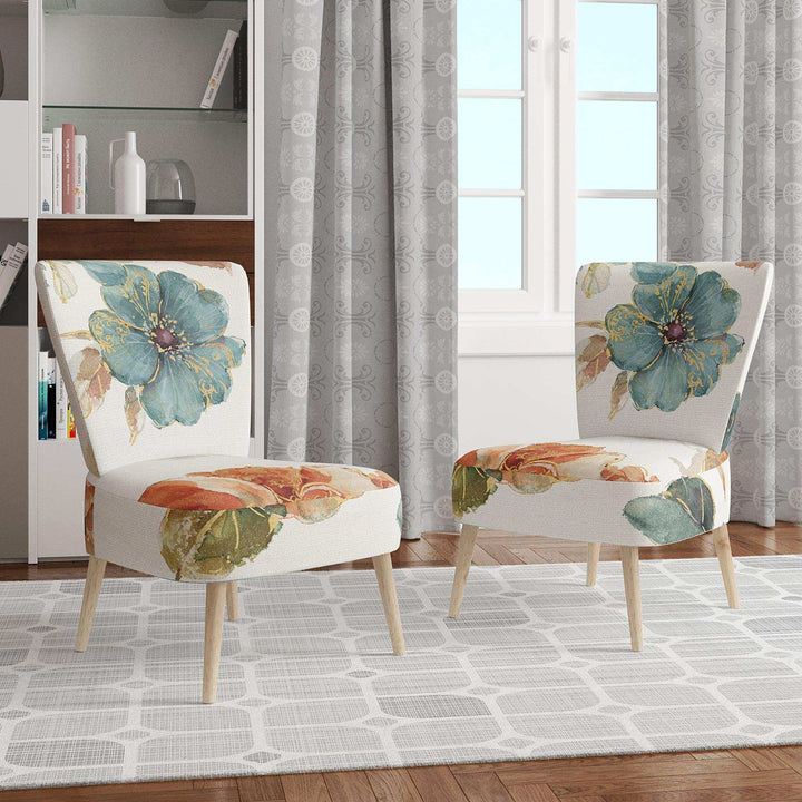 Cottage Bird on Orange Flower Twig Traditional Accent Chair