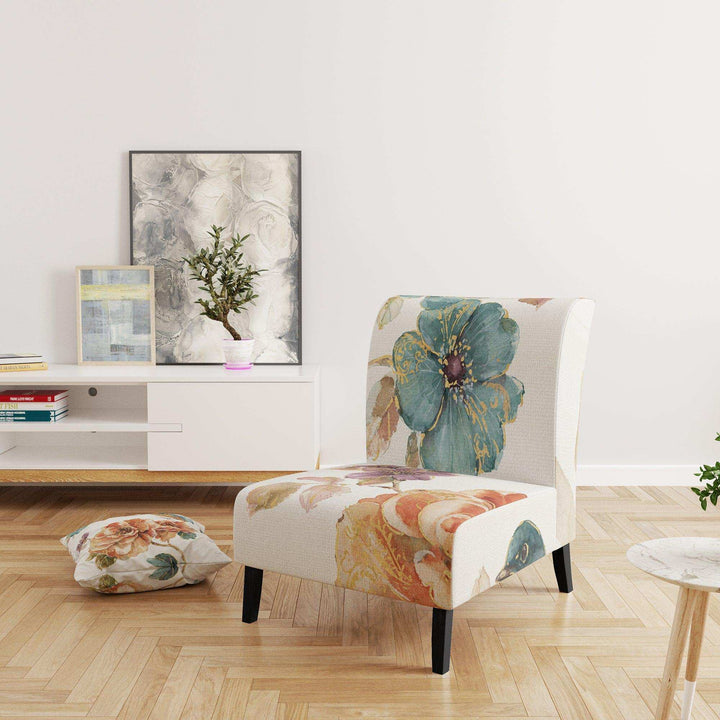 Cottage Bird on Orange Flower Twig Traditional Accent Chair