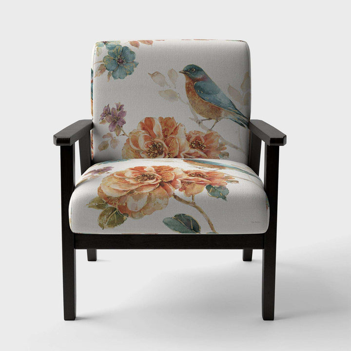 Cottage Bird on Orange Flower Twig Traditional Accent Chair