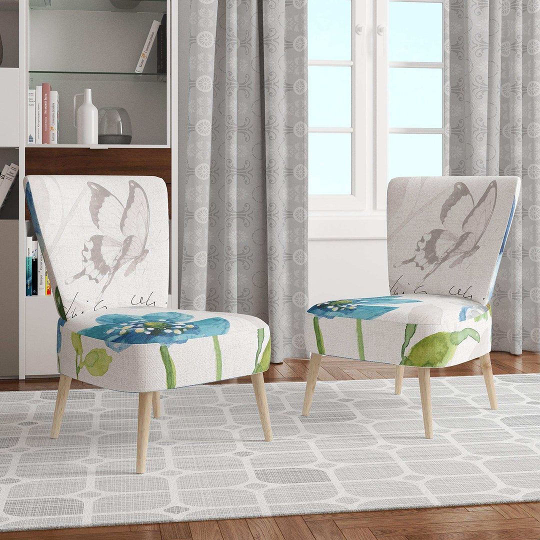 Blue Columbine Flowers With Butterfly Cabin &amp; Lodge Accent Chair