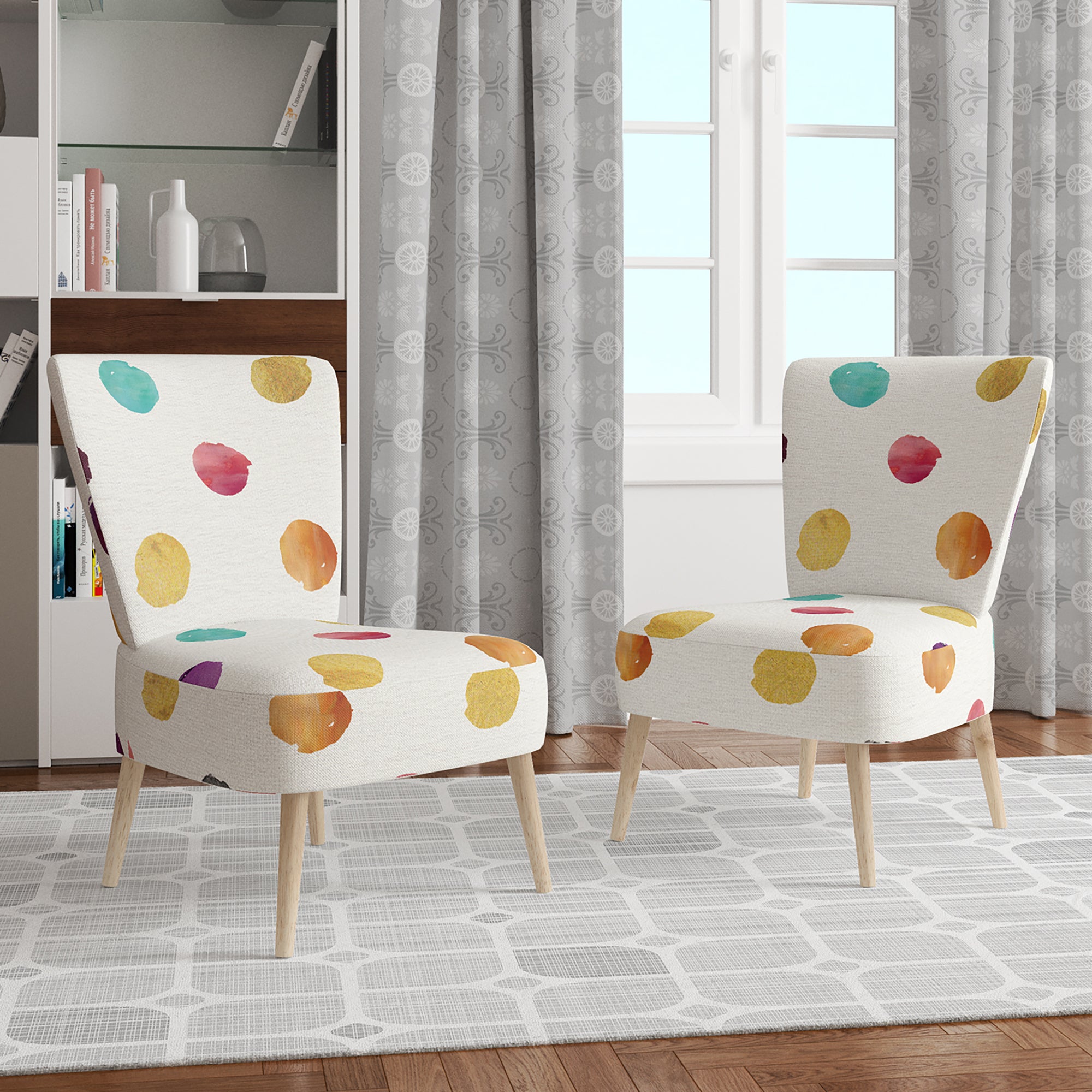 Orange Blue and Purple Polka Dot Pattern Transitional Accent Chair