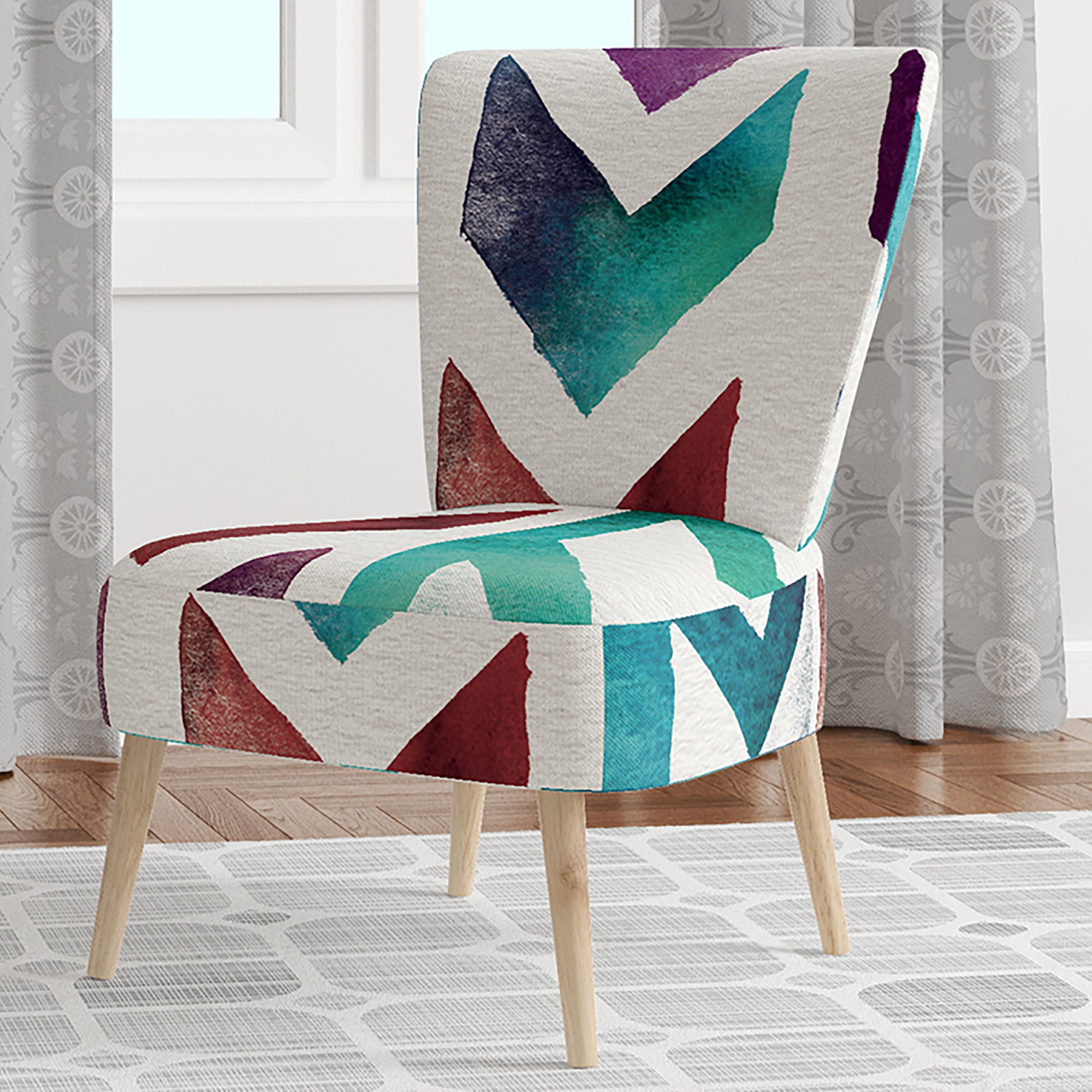Geometric Pattern of Red And Blue Arrows Transitional Accent Chair