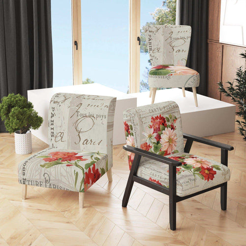 Red Painted Flowers on Vintage Postcard II - Farmhouse Accent Chair