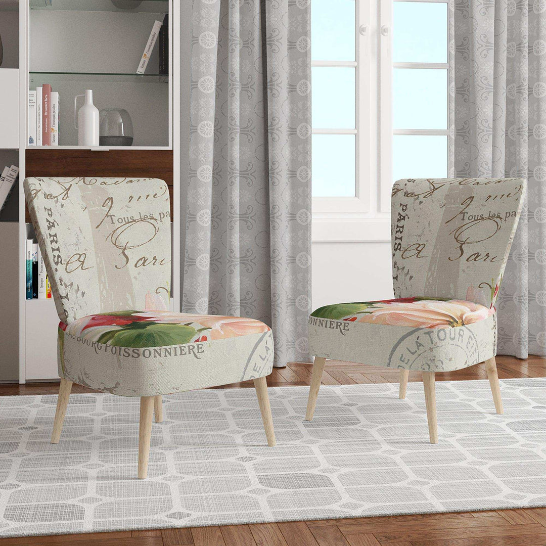 Red Painted Flowers on Vintage Postcard II Farmhouse Accent Chair