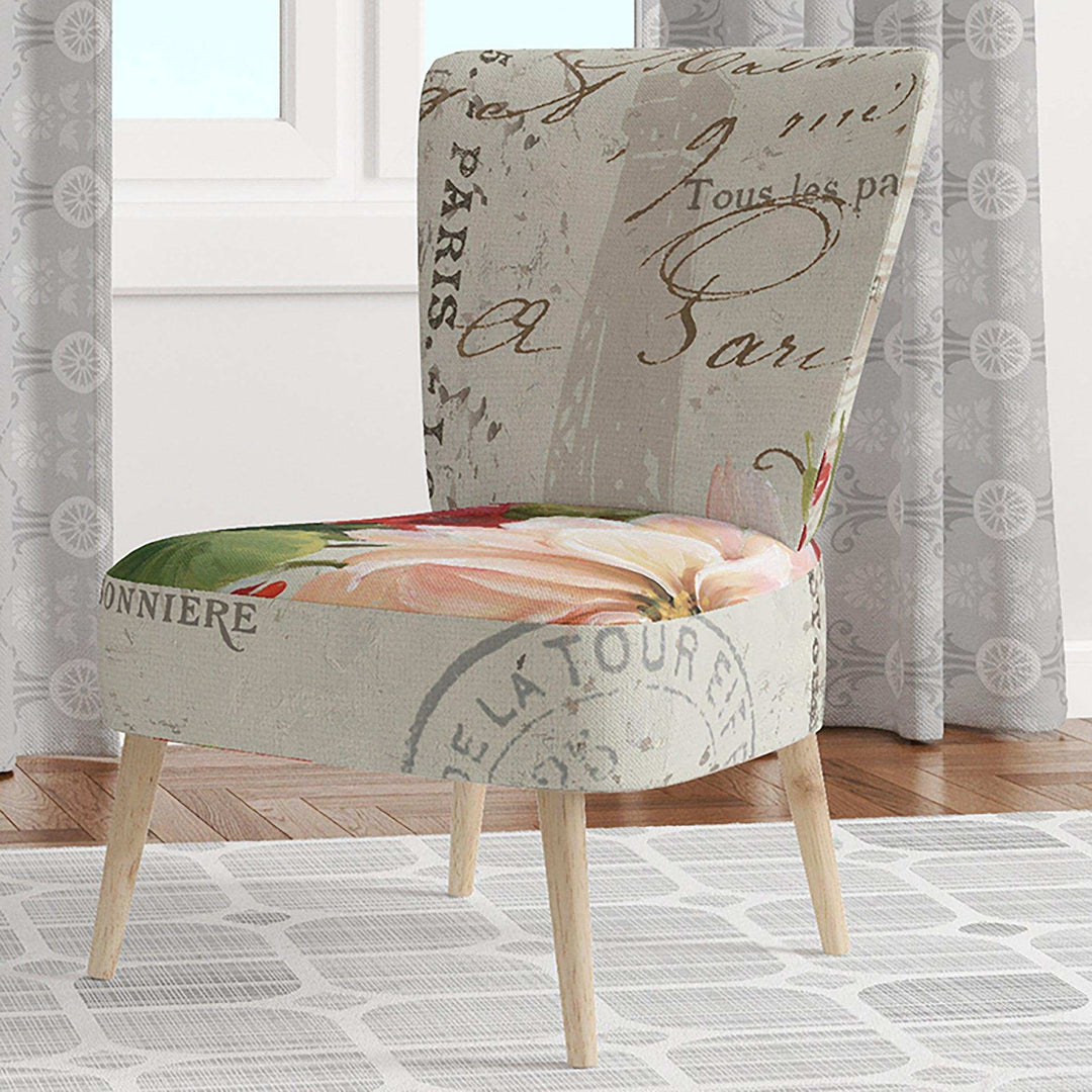 Red Painted Flowers on Vintage Postcard II Farmhouse Accent Chair