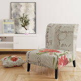 Red Painted Flowers on Vintage Postcard II Farmhouse Accent Chair