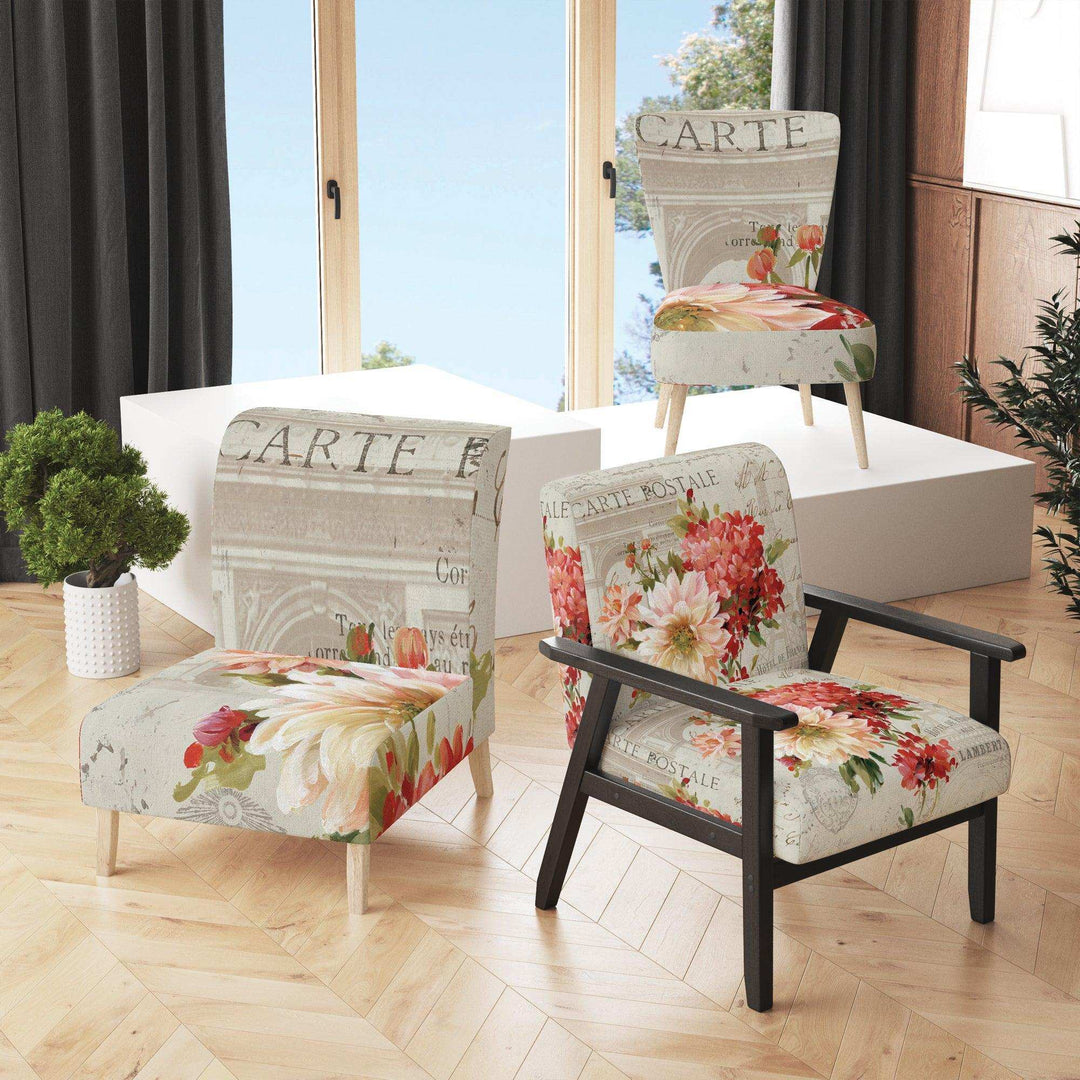 Red Painted Flowers on Vintage Postcard III Farmhouse Accent Chair