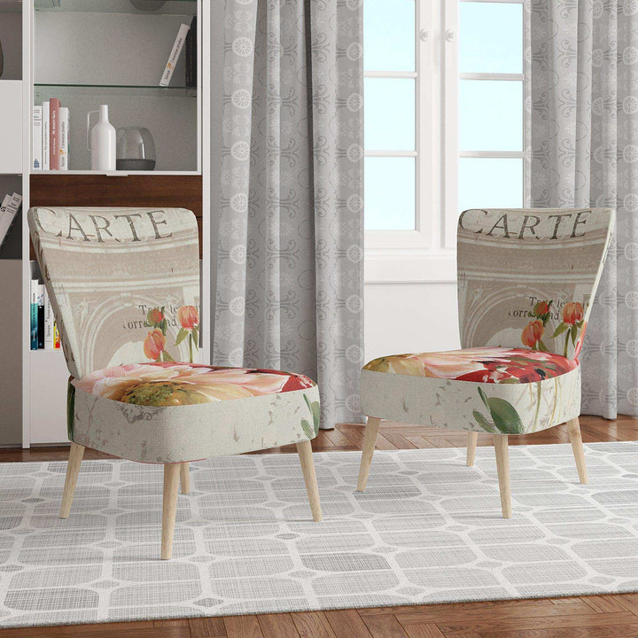 Red Painted Flowers on Vintage Postcard III Farmhouse Accent Chair