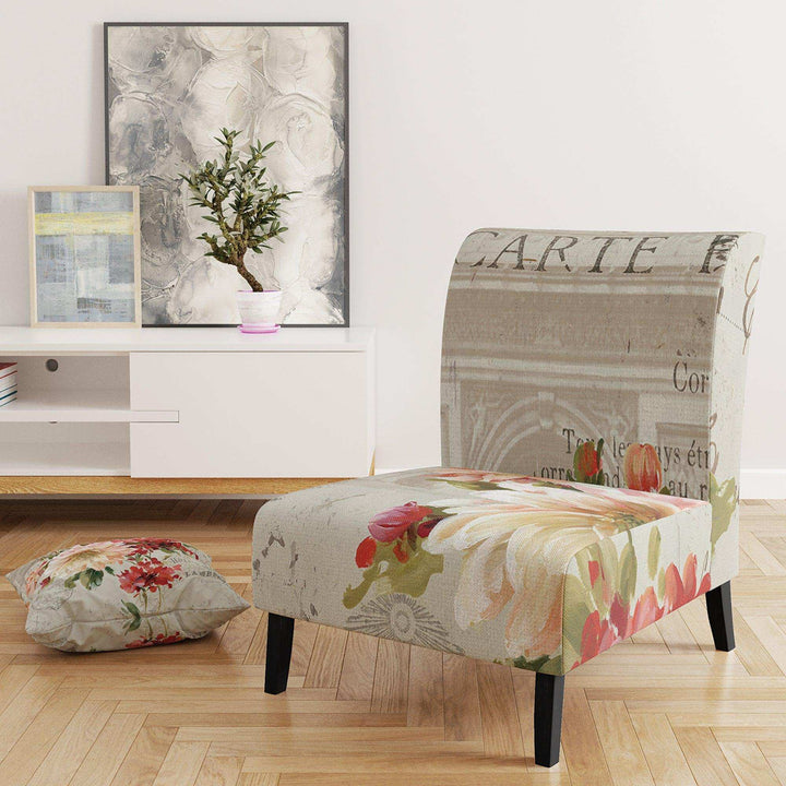 Red Painted Flowers on Vintage Postcard III Farmhouse Accent Chair