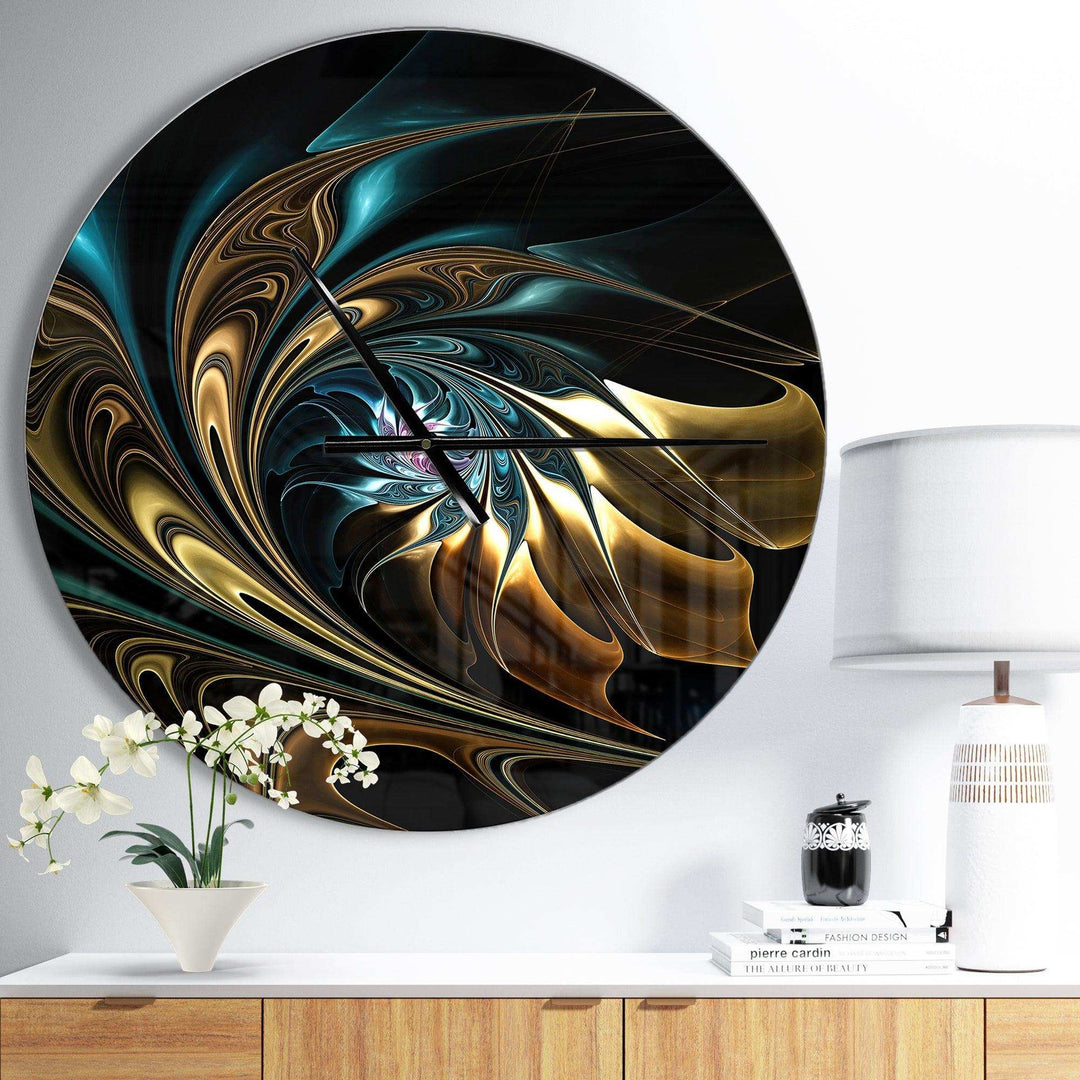 Brown Blue Fractal Flower in Black - Abstract Metal Wall Clock