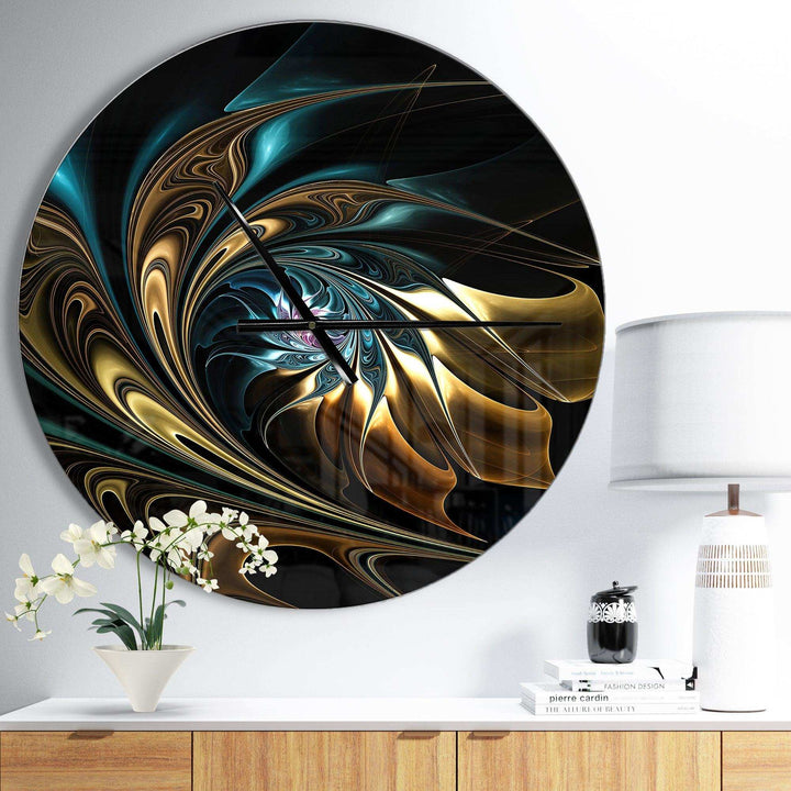 Brown Blue Fractal Flower in Black - Abstract Metal Wall Clock