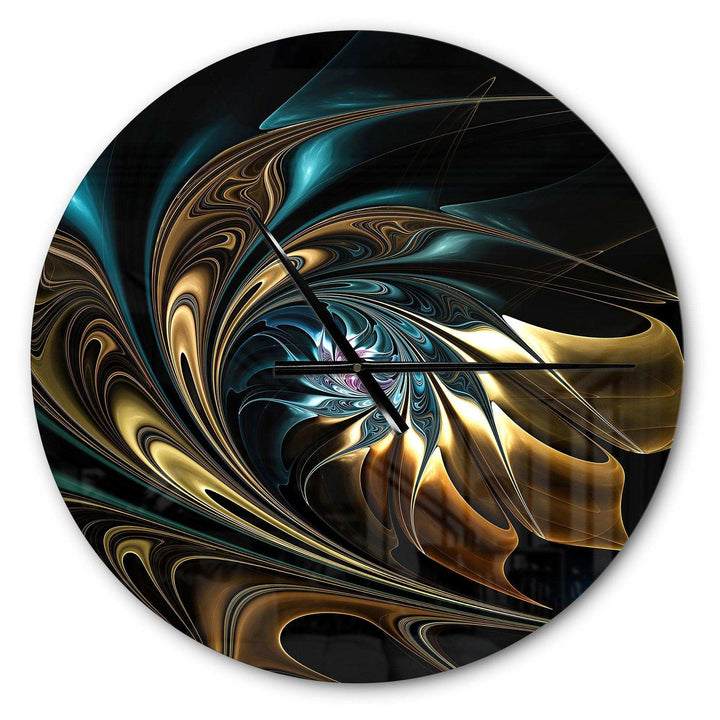 Brown Blue Fractal Flower in Black - Abstract Metal Wall Clock