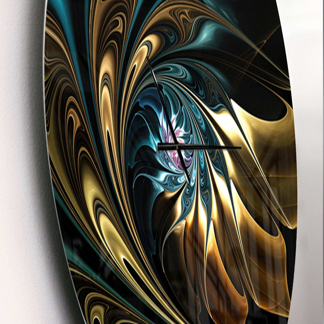 Brown Blue Fractal Flower in Black - Abstract Metal Wall Clock