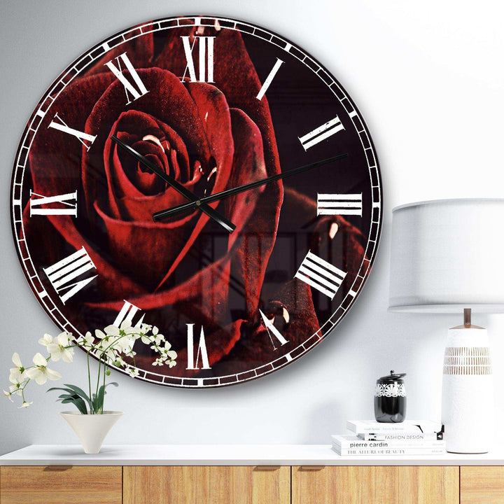 Red Rose with Raindrops on Black - Floral Metal Wall Clock