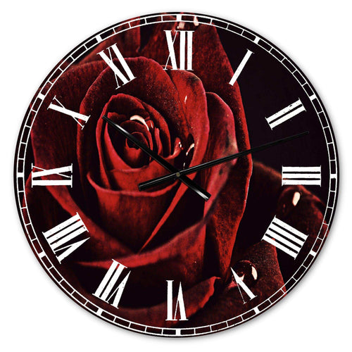 Red Rose with Raindrops on Black - Floral Metal Wall Clock