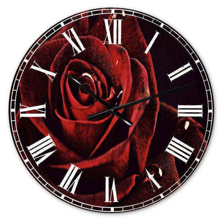 Red Rose with Raindrops on Black - Floral Metal Wall Clock