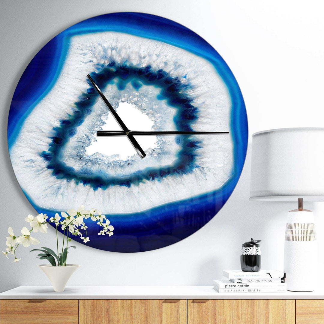 Slice of blue agate crystal -Stone Photographic on Wrapped Canvas - Abstract Metal Wall Clock