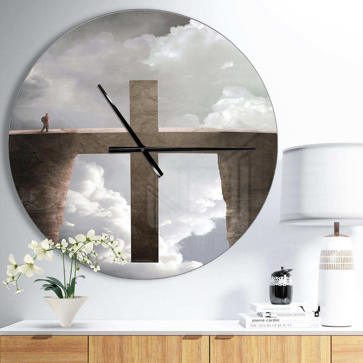 Big Cross between Two Cliffs - Spiritual Metal Wall Clock