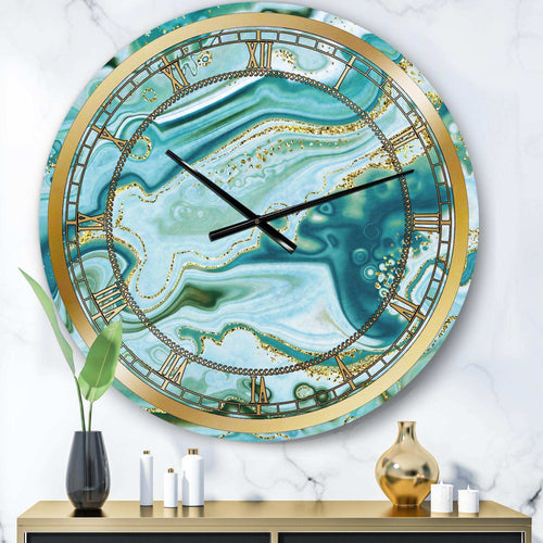 Ocean Blue Golden Marble  - Abstract Metal Wall Clock