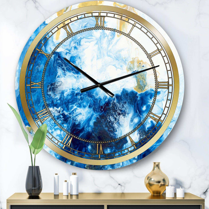 Blue and Gold Ocean Abstract Marble - Glam Metal Wall Clock