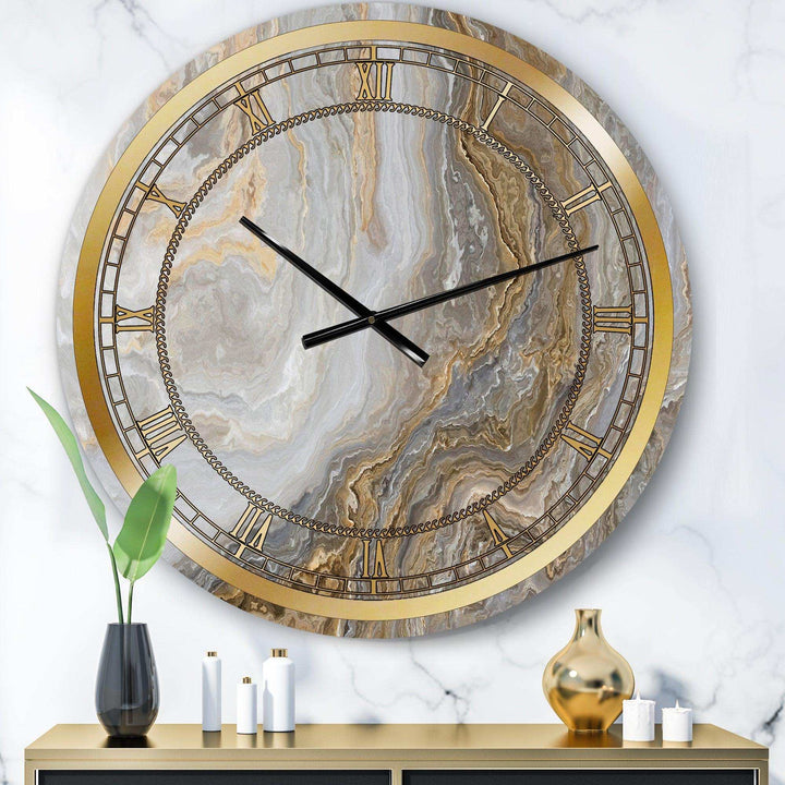Alcesta White Marble with Curley Gray and Gold Veins - Glam Metal Wall Clock