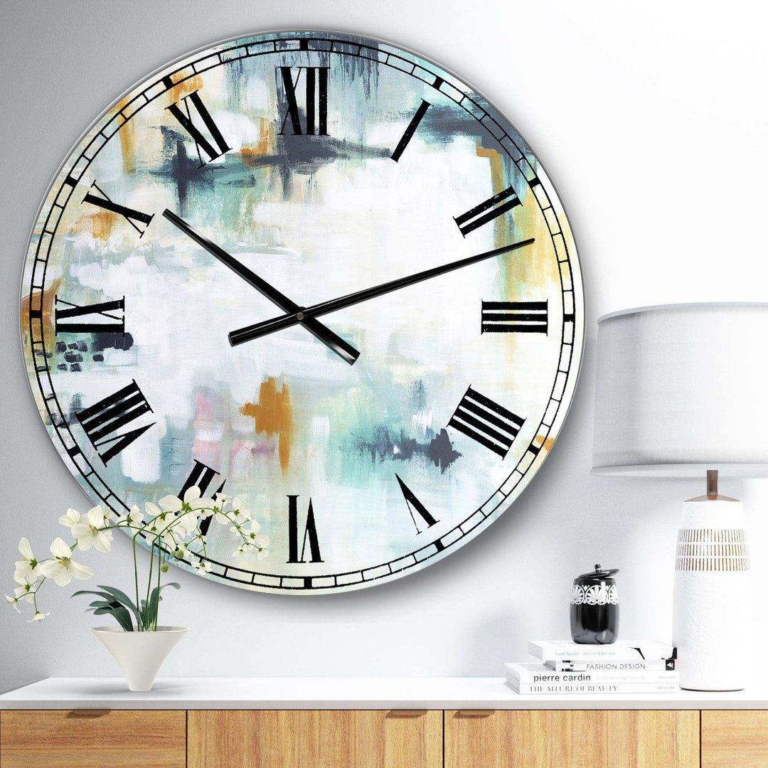 Teal And White Composition  - Abstract Metal Wall Clock