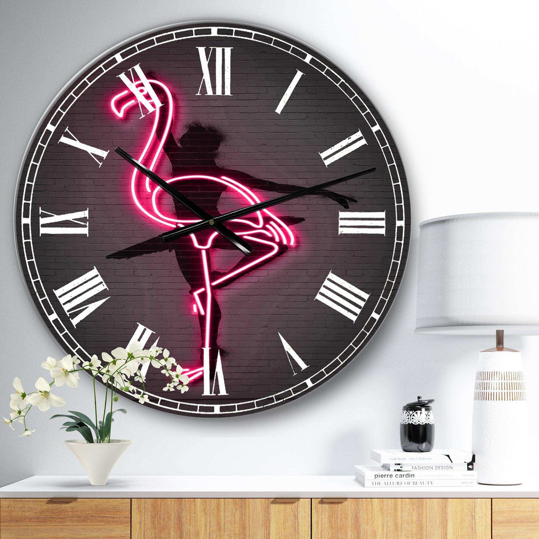 Neon Pink Flamingo and Ballerina - Abstract Metal Wall Clock