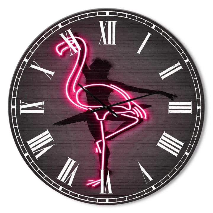 Neon Pink Flamingo and Ballerina - Abstract Metal Wall Clock