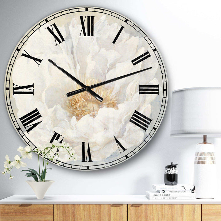 White Serene Peony - Cottage Metal Wall Clock